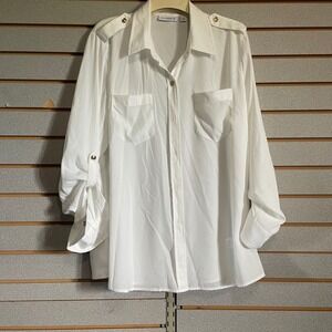 Susan Graver White Button Down Shirt Long Sleeve Gold Accents Size L